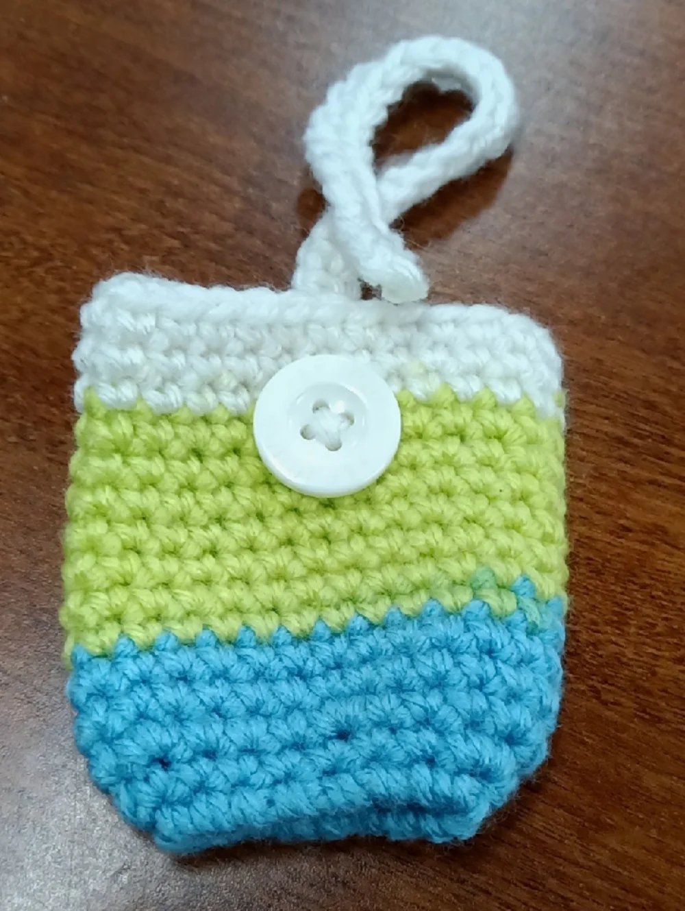 White Green & Blue Crocheted Hand Sanitizer Holder